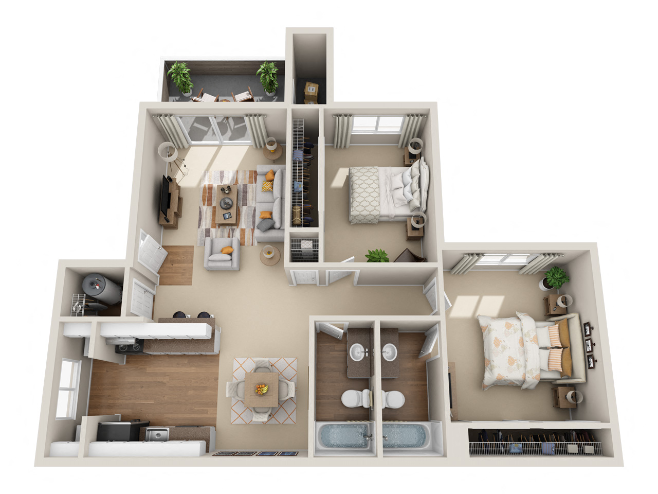 Floor plan for 2 beds, 2 baths, 877 sqft